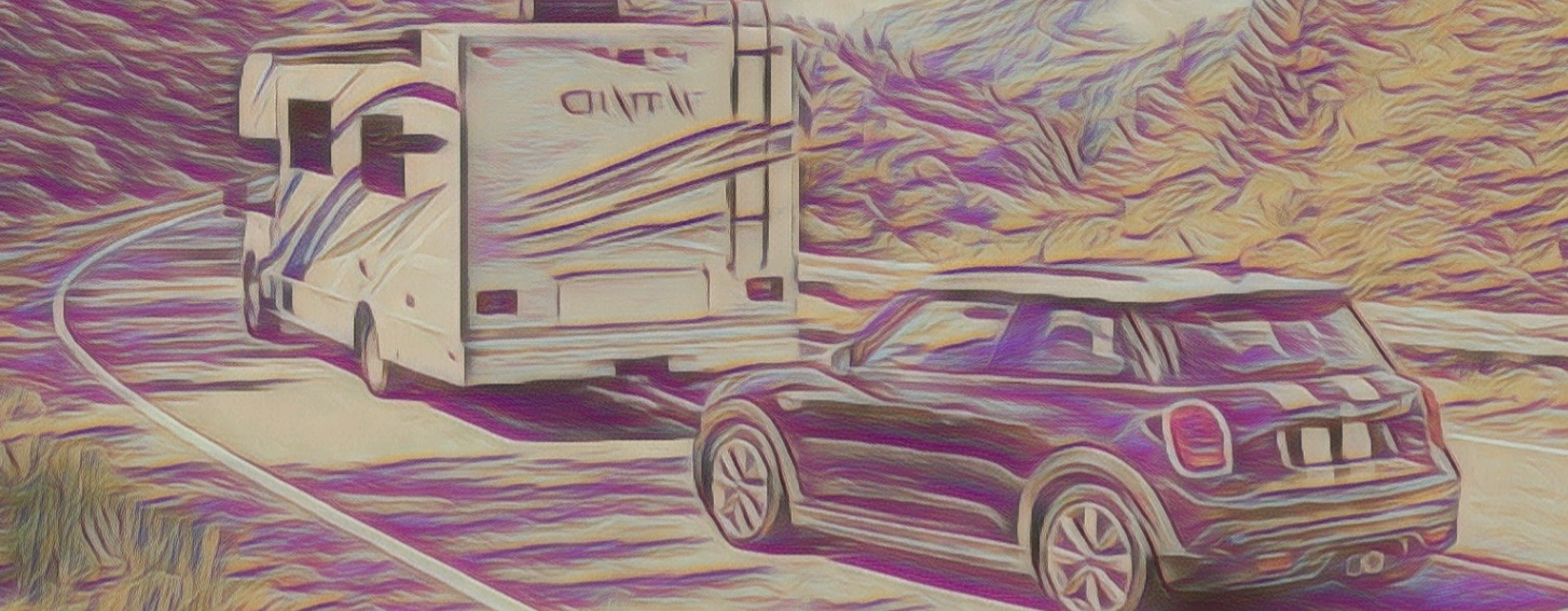 Header of colored pencil sketch of Chateau pulling Mini Cooper on mountain road.